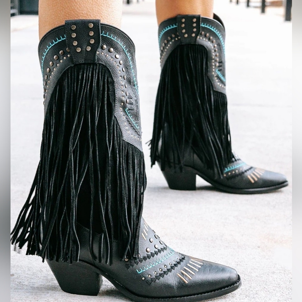 Dingo Gypsy Black and Blue Fringe Western Boots 8.5